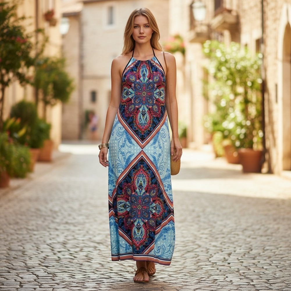 Maxi Dress Womens Medium Blue Geometric Halter Open Back Excellent Boho